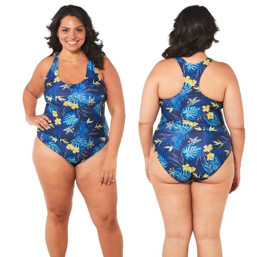 NWT Nicole Miller Womens Swimsuit Blue Floral One Piece 1-PC Racerback Size 2X